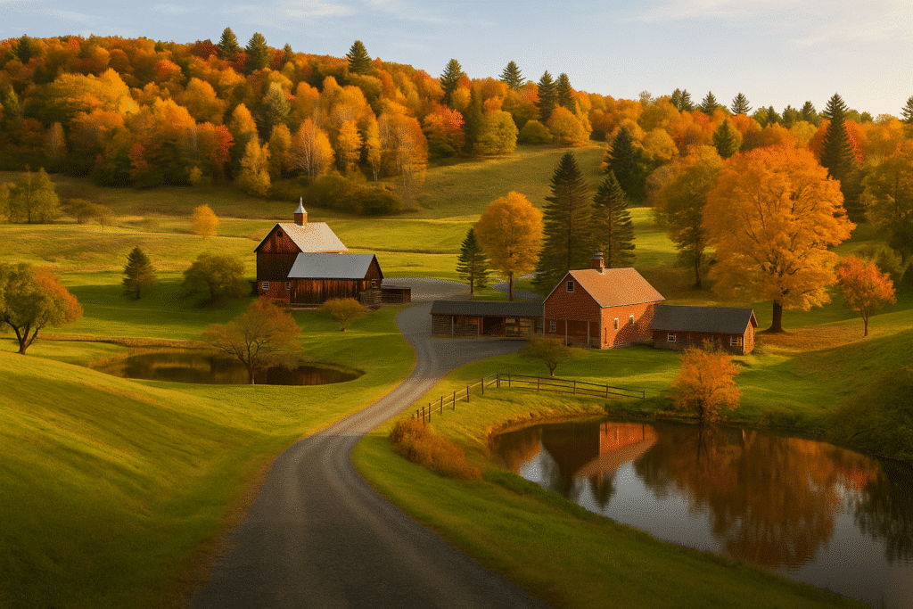 Scenic countryside view perfect for a weekend getaway in Vermont, featuring a red barn, fall foliage, and a peaceful gravel road.