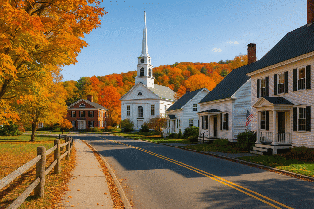 Classic New England town with white steeple church and fall foliage, capturing the charm of Small Towns That Feel Like a Movie Set.