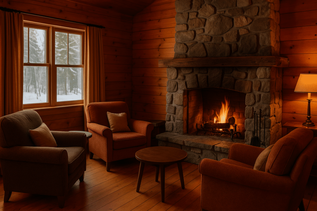 Inviting rustic cabin living room with a stone fireplace and cozy chairs, perfect for Where to Stay for Maximum Cozy.