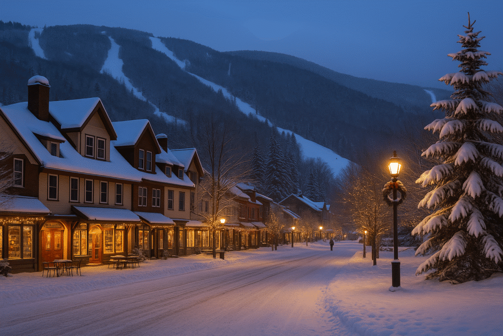 Twilight view of a snowy mountain ski town glowing with lights, capturing the charm of Ski Towns That Deliver More Than Just Slopes.