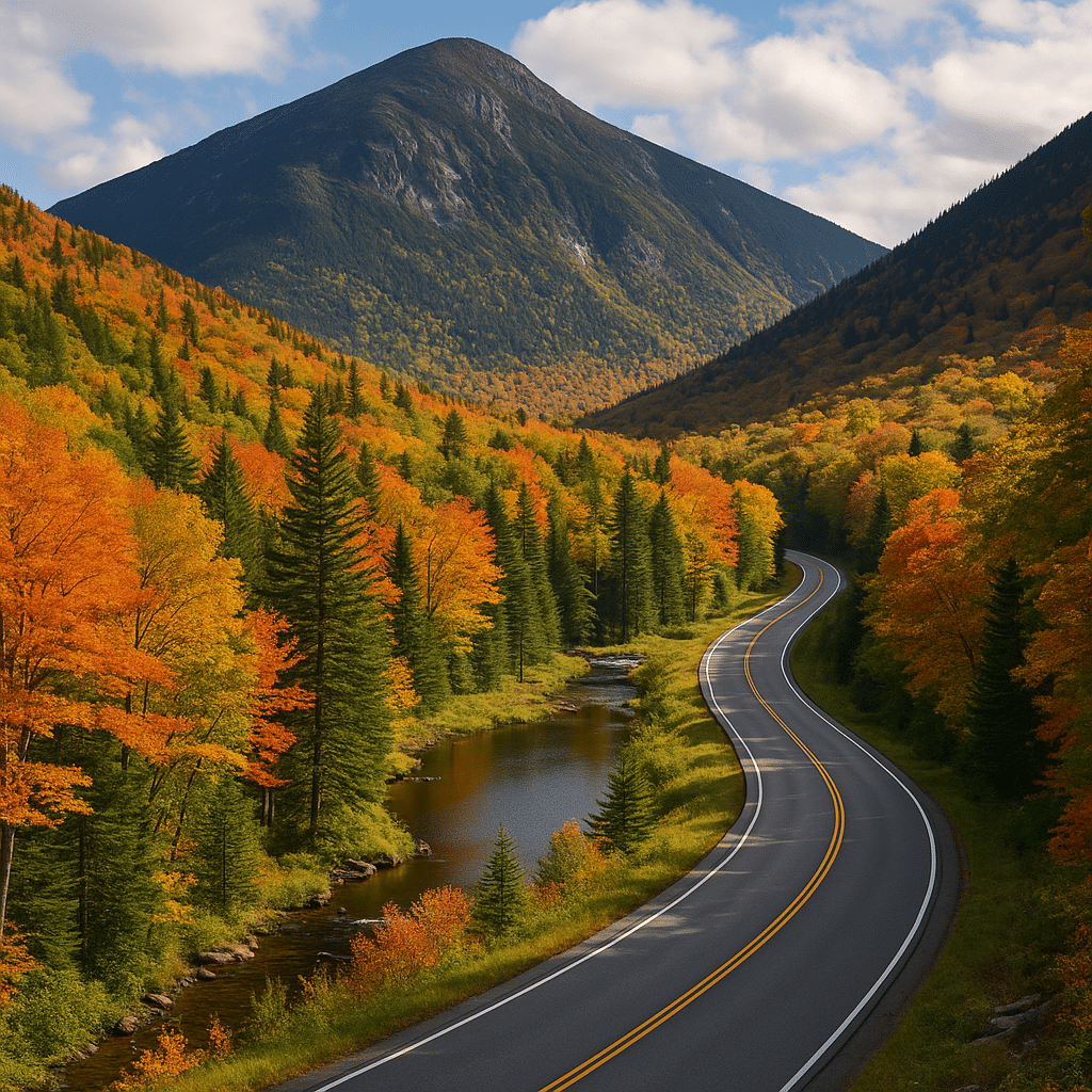 New Hampshire: The Wild Middle Child of New England — a winding mountain road beside a reflective alpine pond, surrounded by vibrant autumn foliage and towering peaks.