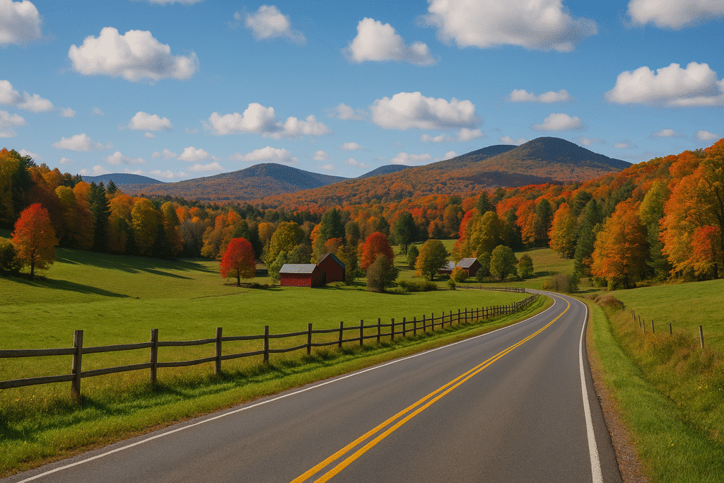 Scenic Places in New England that Make You Forget Your Phone — a winding country road passes a rustic fence, red barns, and vibrant autumn foliage with mountains in the background.