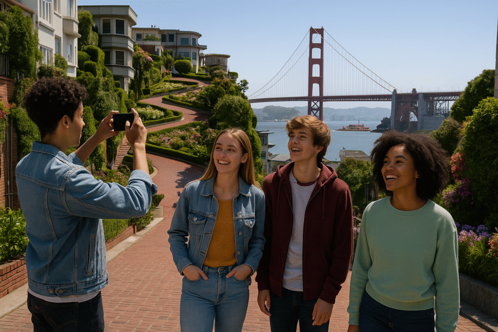 Friends laughing and exploring Lombard Street with the Golden Gate Bridge in the background – SF Sightseeing Without Falling Asleep.
