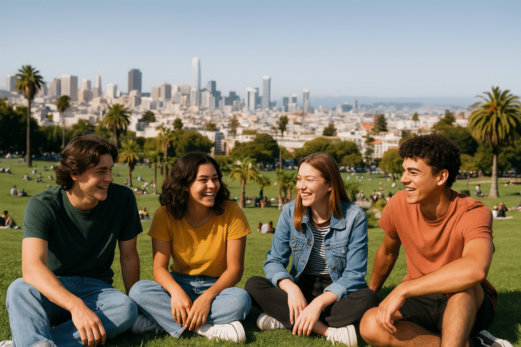 Four friends laughing and relaxing on the grass at Dolores Park with the San Francisco skyline in the background – Chill Spots and Hangout Areas.