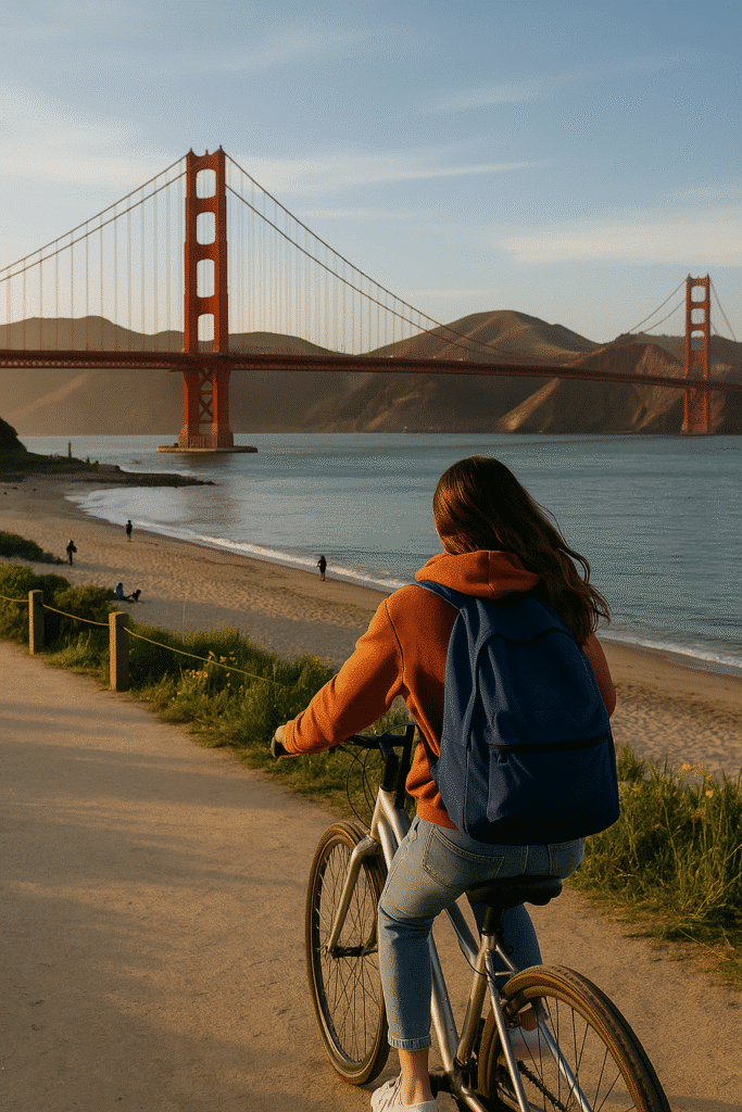 Teen riding a bike along Crissy Field with the Golden Gate Bridge in the background – Outdoor Adventures for Teens Who Hate Being Bored.