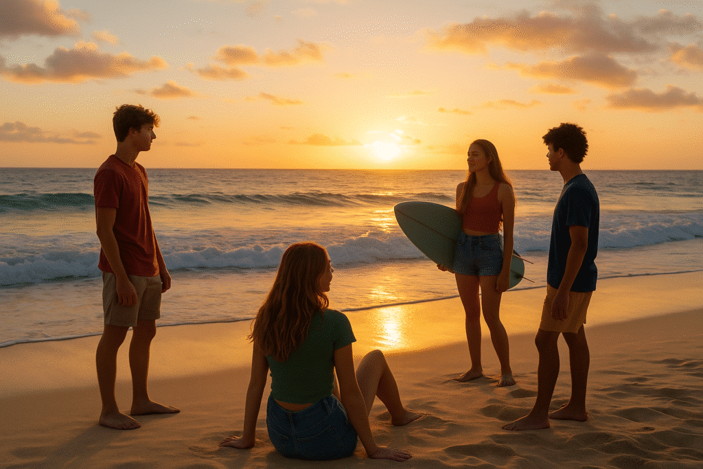 Group of teenagers enjoying sunset on a Hawaiian beach – Hawaii for teenagers.