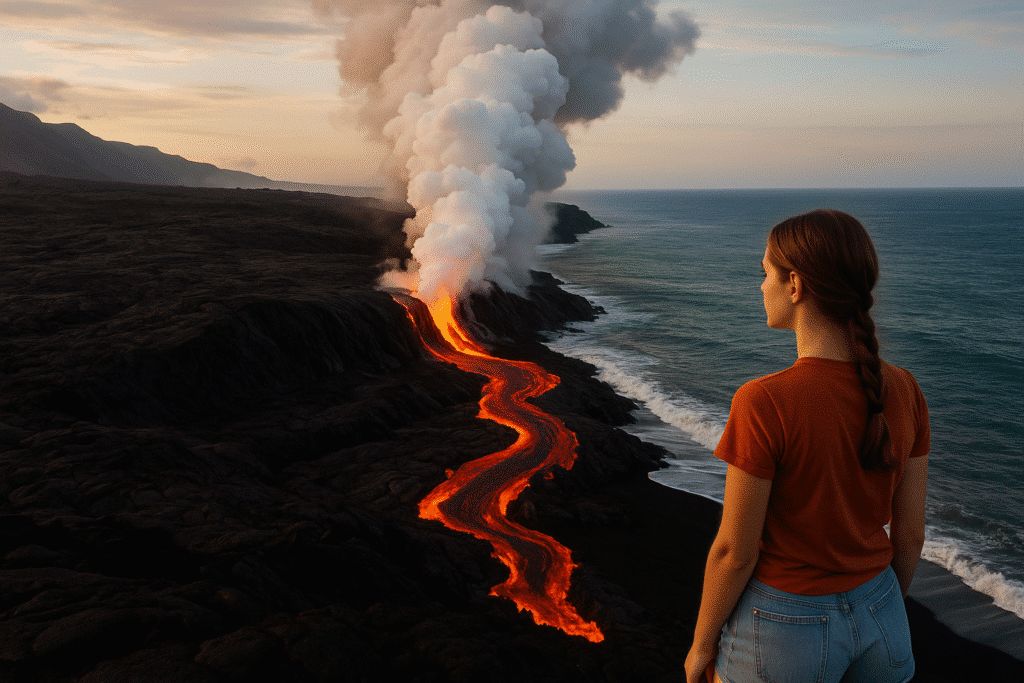 Teen girl overlooking an active lava flow on the Big Island at sunset – Big Island: For the Wild Ones.