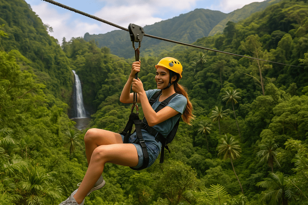 Teen girl ziplining through a lush Hawaiian rainforest near a waterfall – Teen Activities in Hawaii That Aren’t Just “Tours”.