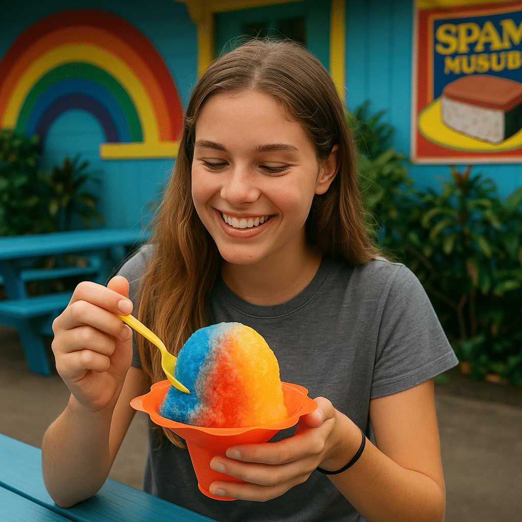 Teen girl enjoying rainbow shave ice at a colorful Hawaiian food stand – Local Grinds: What Teens Actually Want to Eat.