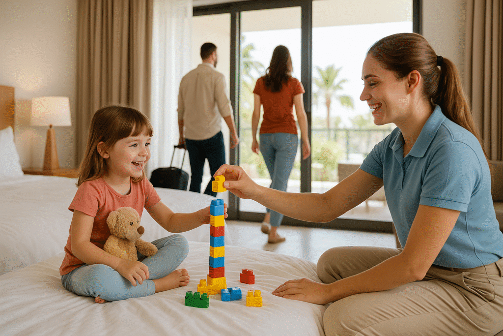 A smiling babysitter plays building blocks with a young girl holding a teddy bear in a bright hotel room, illustrating hotels babysitting services.
