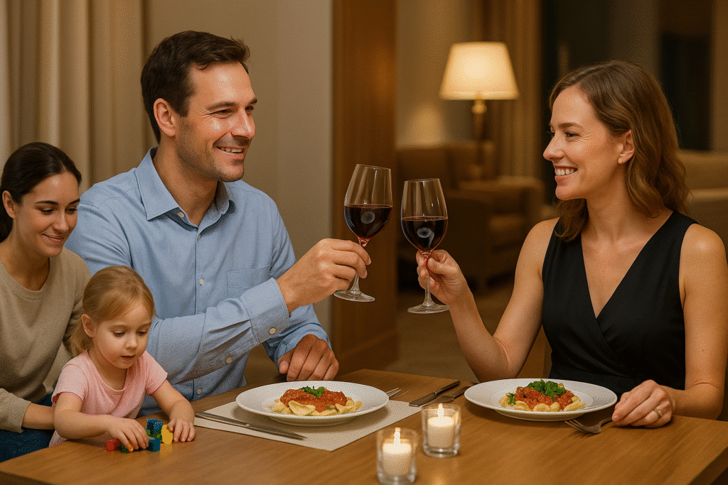 A smiling couple enjoys a candlelit dinner while a babysitter plays with their child, illustrating why parents are hooked on hotels with babysitting services.