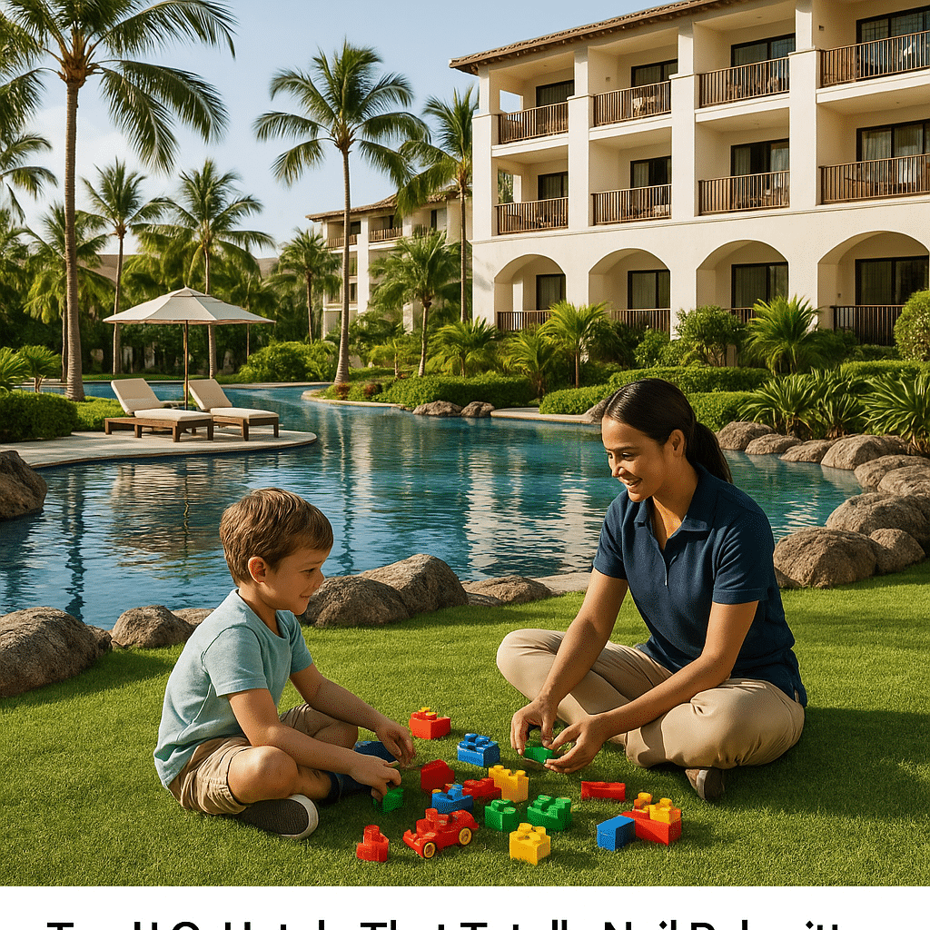 A babysitter plays with a young boy on the grass beside a resort pool, illustrating top U.S. hotels that totally nail babysitting services.