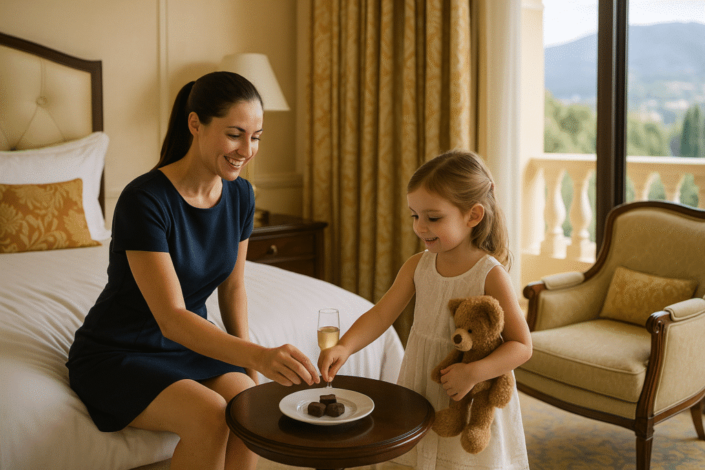 A babysitter shares chocolates with a young girl holding a teddy bear in a luxurious hotel room, illustrating luxury hotels babysitting: because fancy doesn’t mean kid-free.