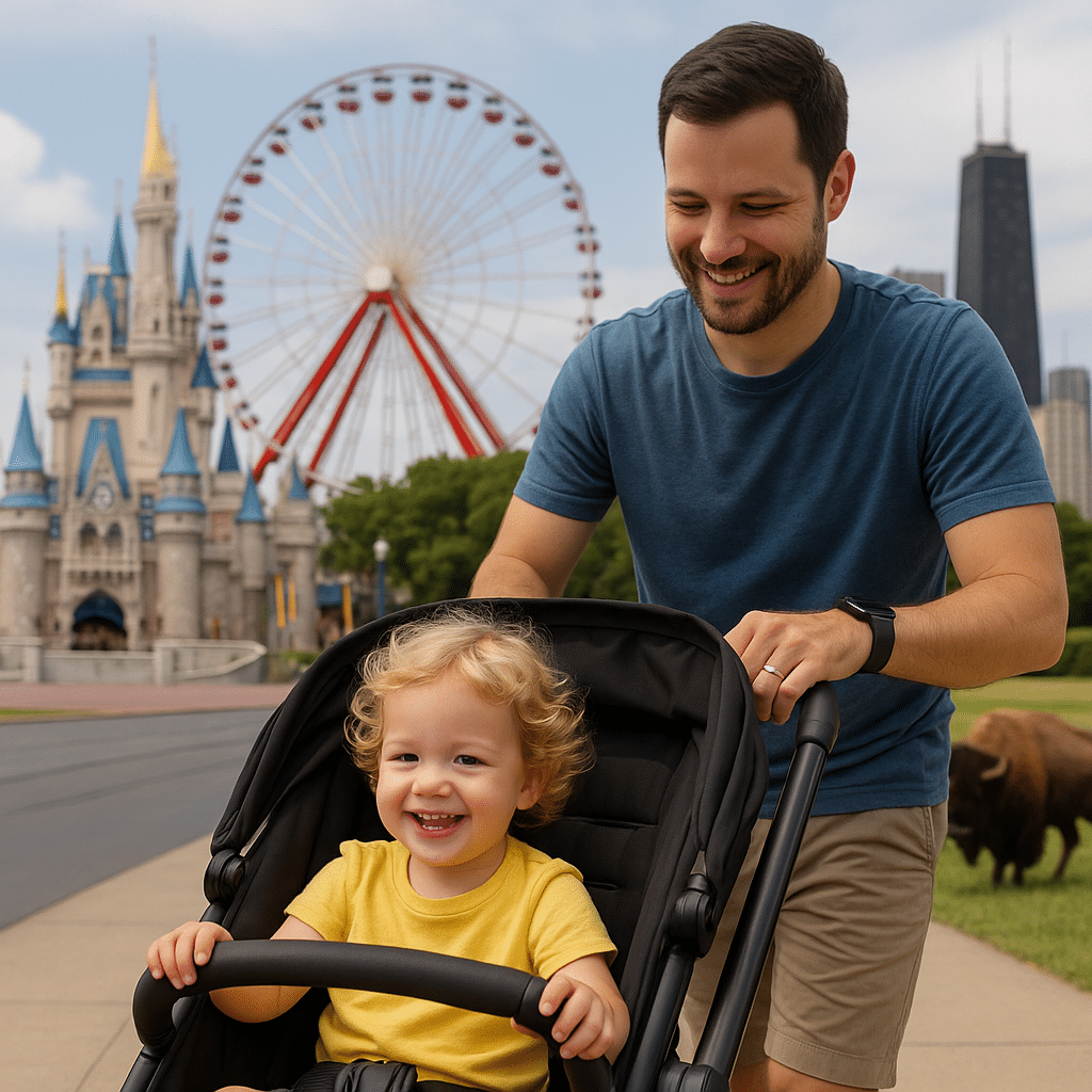 Father pushing smiling toddler in stroller with Disney Castle, Ferris wheel, Chicago skyline, and bison – Top 5 Places to Take 2 Year Olds in the USA.