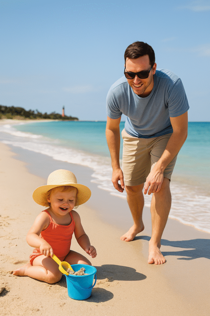 Father and toddler playing in the sand by the ocean – Beach Trips: Best U.S. Coastal Spots for Toddlers.