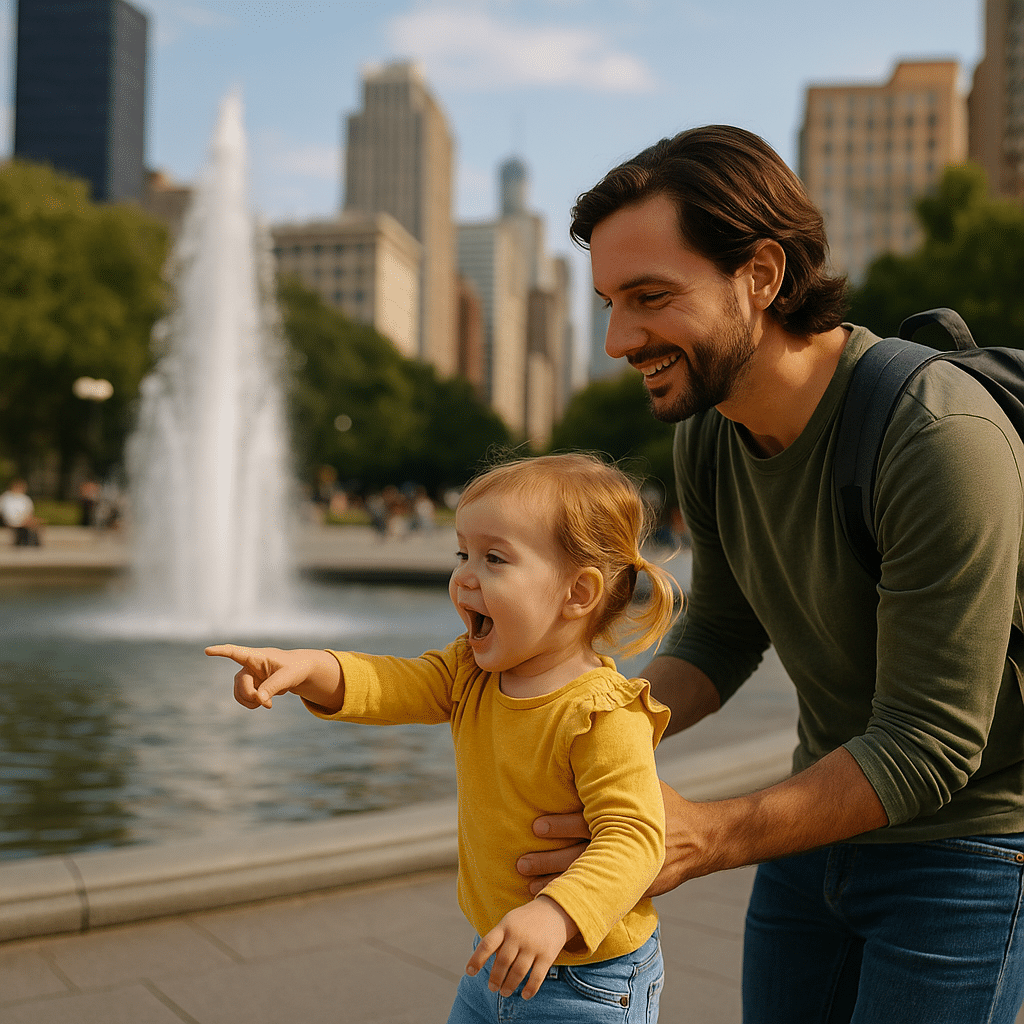 Father and daughter enjoying a city park fountain – City Adventures (That Won’t Drive You Nuts).