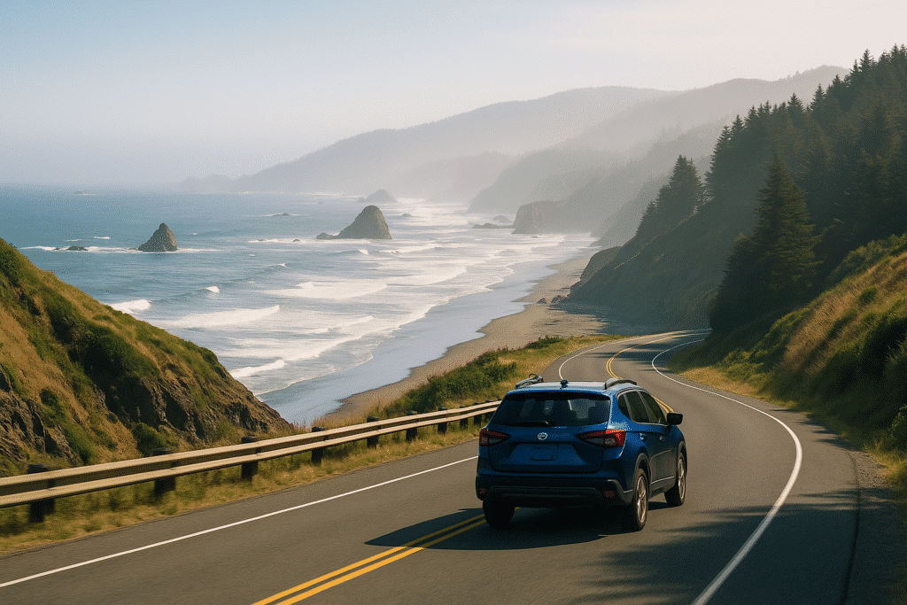 A scenic road trip to Portland from San Francisco along the Pacific Coast Highway, with a blue SUV driving past ocean cliffs and forested hills under a hazy sky.