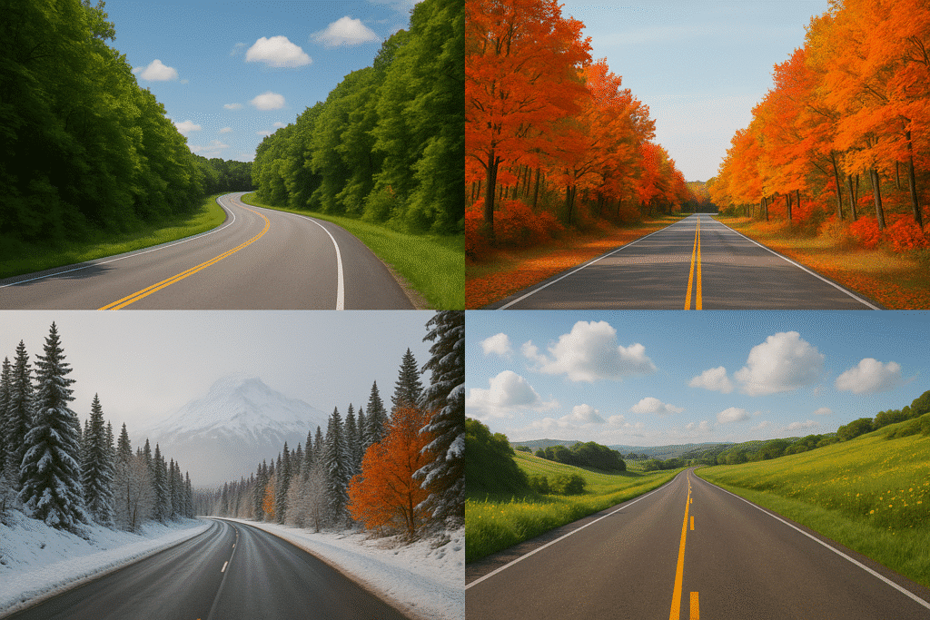 Best Time of Year to Go – A visual collage of roads through different seasonal landscapes: vibrant green summer, colorful fall foliage, snowy winter, and blooming spring meadows.