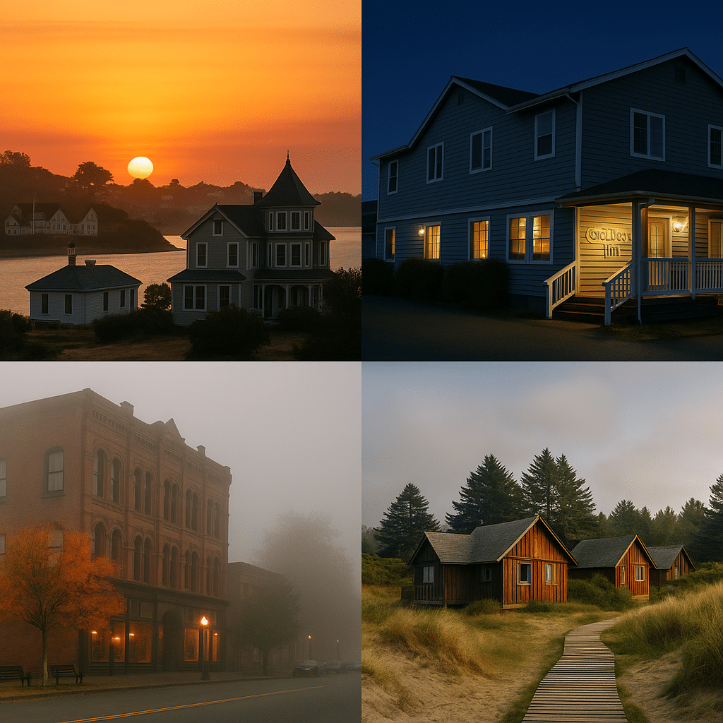 Where to Stay Overnight – A visual mix of coastal inns, historic buildings, and rustic cabins ideal for road trip accommodations.