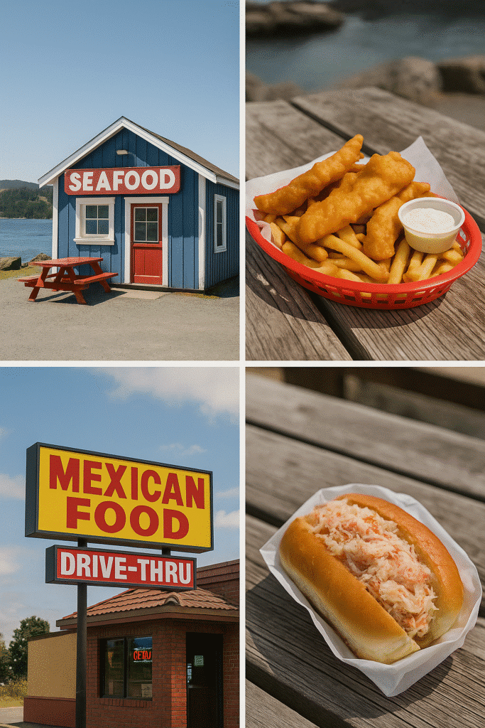 Eating on the Road – A collage of roadside food stops featuring seafood shacks, fish and chips, Mexican drive-thrus, and fresh crab rolls.