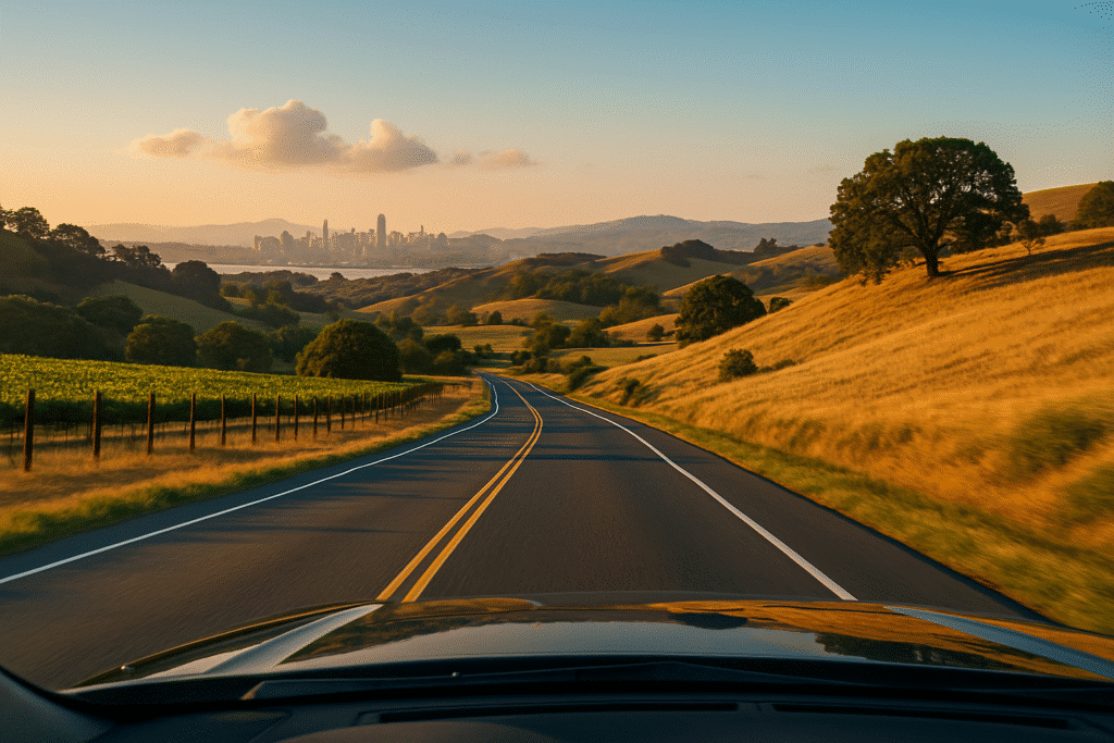 Driving from San Francisco to Sonoma on a scenic road with vineyards and rolling hills under a golden sunset.