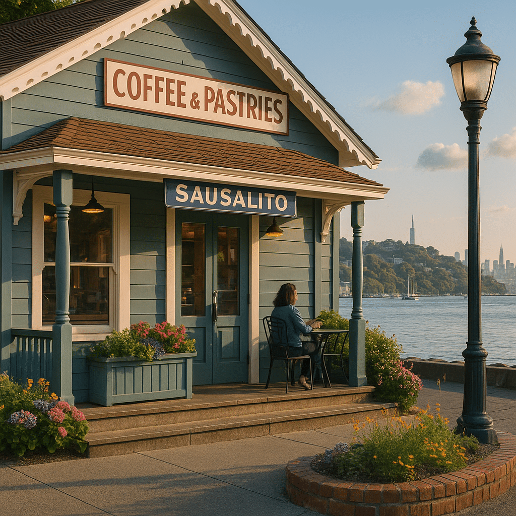 Essential Stops Along the Way featuring a Sausalito coffee and pastry shop by the bay with city views.