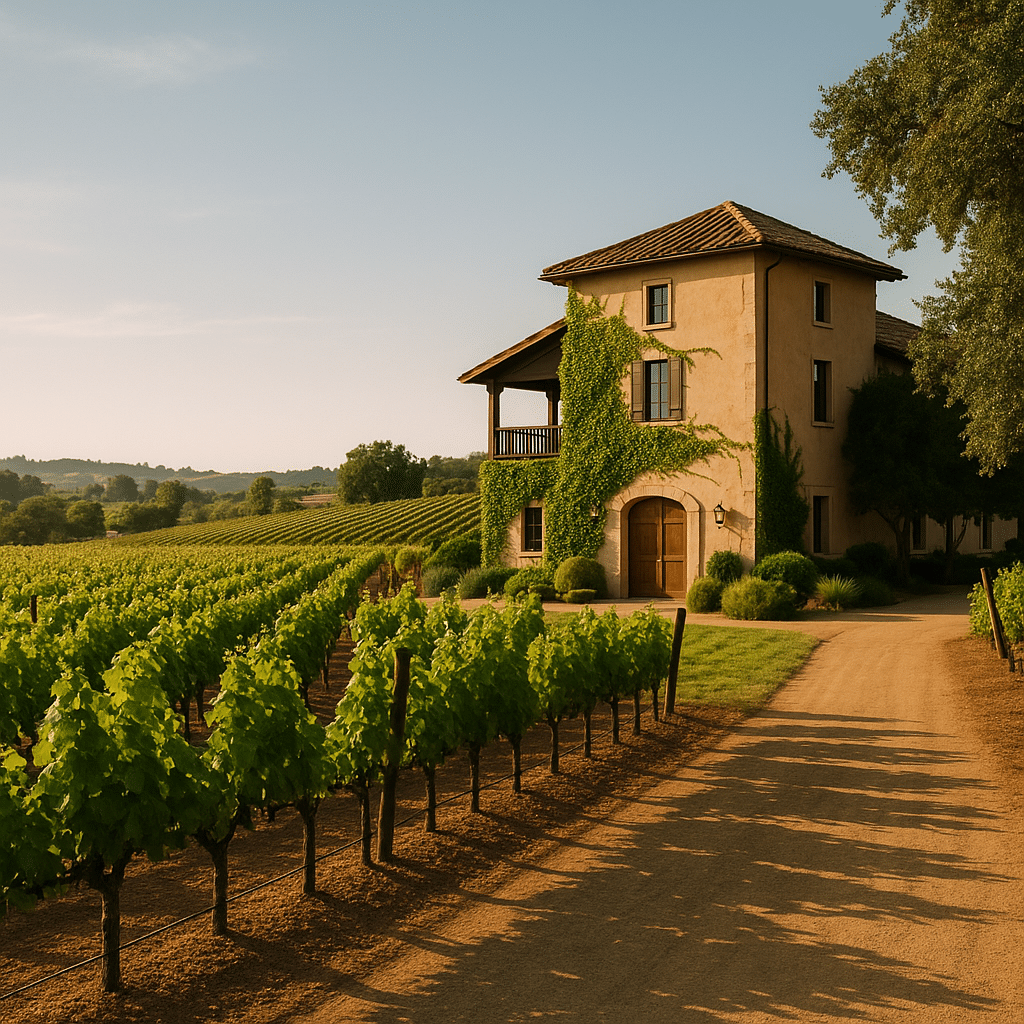 Picking Your First Winery (Without Getting Overwhelmed) with a sunlit path leading to a scenic Sonoma winery and vineyard.