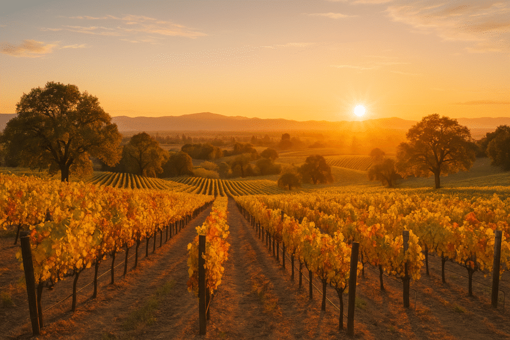 When’s the Best Time to Make the Drive? captured with a vineyard glowing in golden autumn light at sunset.