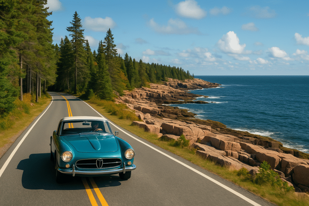 A scenic view of a coastal road during a DC to Maine road trip with a vintage convertible driving along pine-lined cliffs and the Atlantic Ocean.