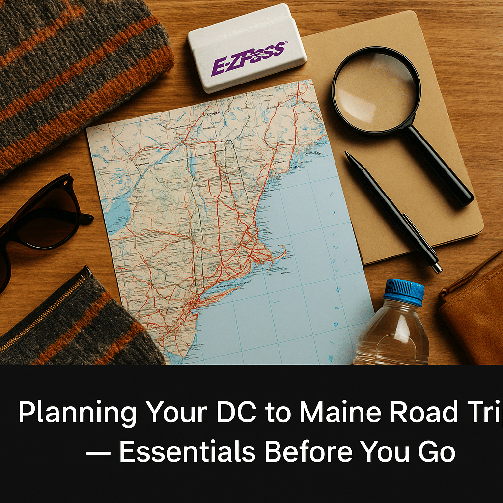 Road trip essentials laid out for planning your DC to Maine road trip – map, E-ZPass, sunglasses, water bottle, and notepad on a wooden table.