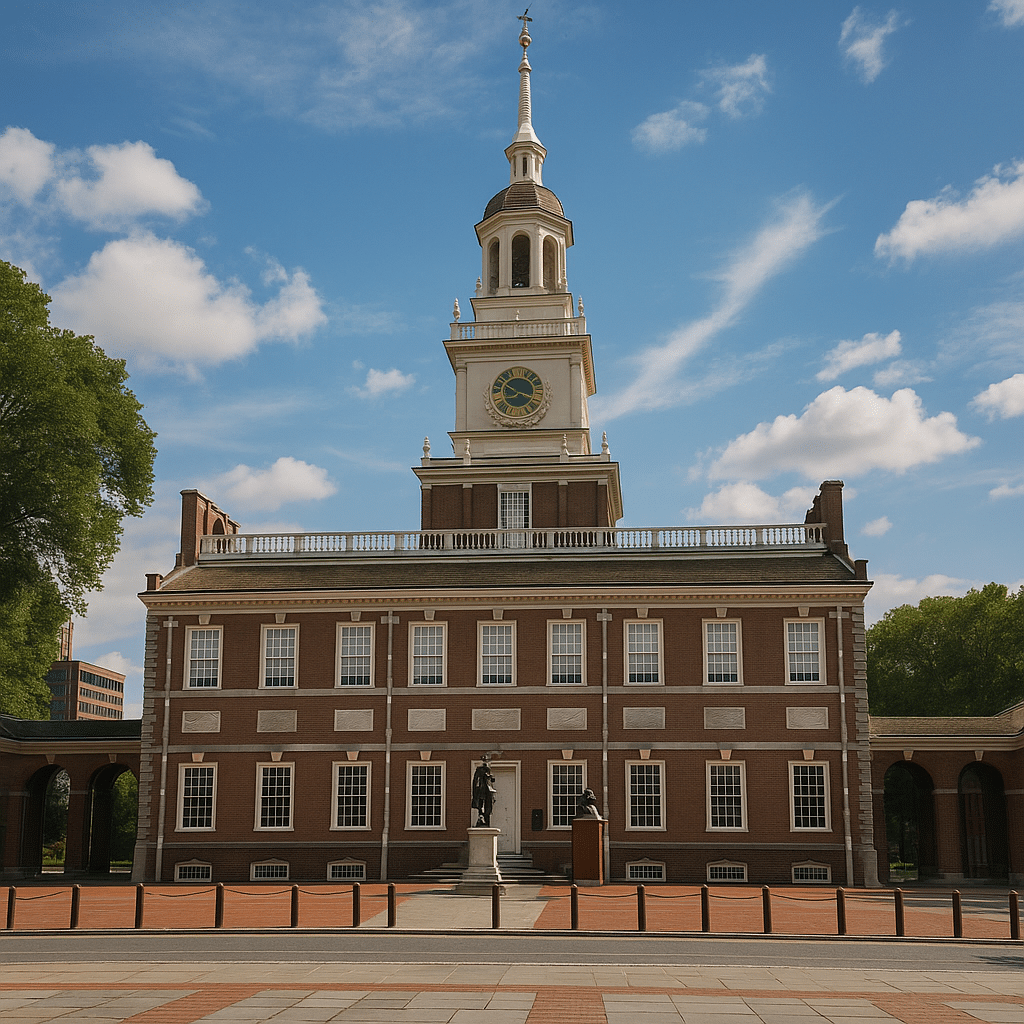 Independence Hall in Philadelphia on a sunny day, representing a historic highlight of the First Stretch – DC to Philadelphia.