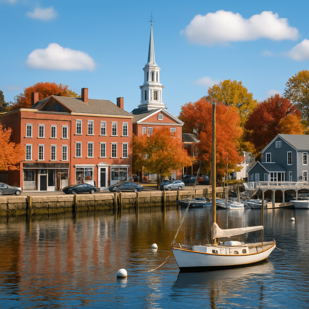 Scenic harbor town with fall foliage and sailboats capturing NYC to Connecticut – Small Town Charm.