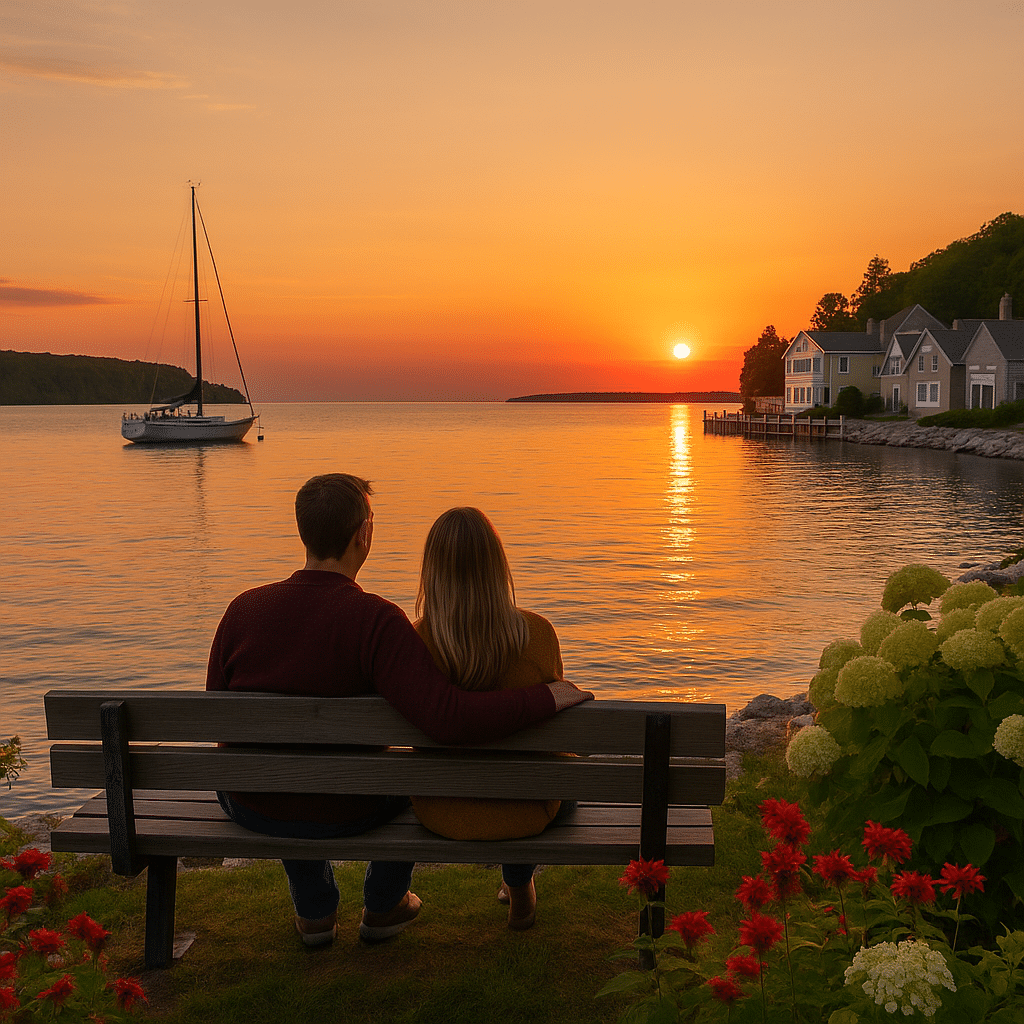 Couple watching a sunset by the lake in Door County – Best Romantic Getaways in Wisconsin.
