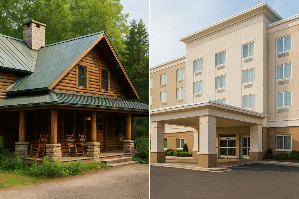 Side-by-side view showing the difference between a lodge and a hotel, with a rustic wooden lodge on the left and a modern multi-story hotel on the right.