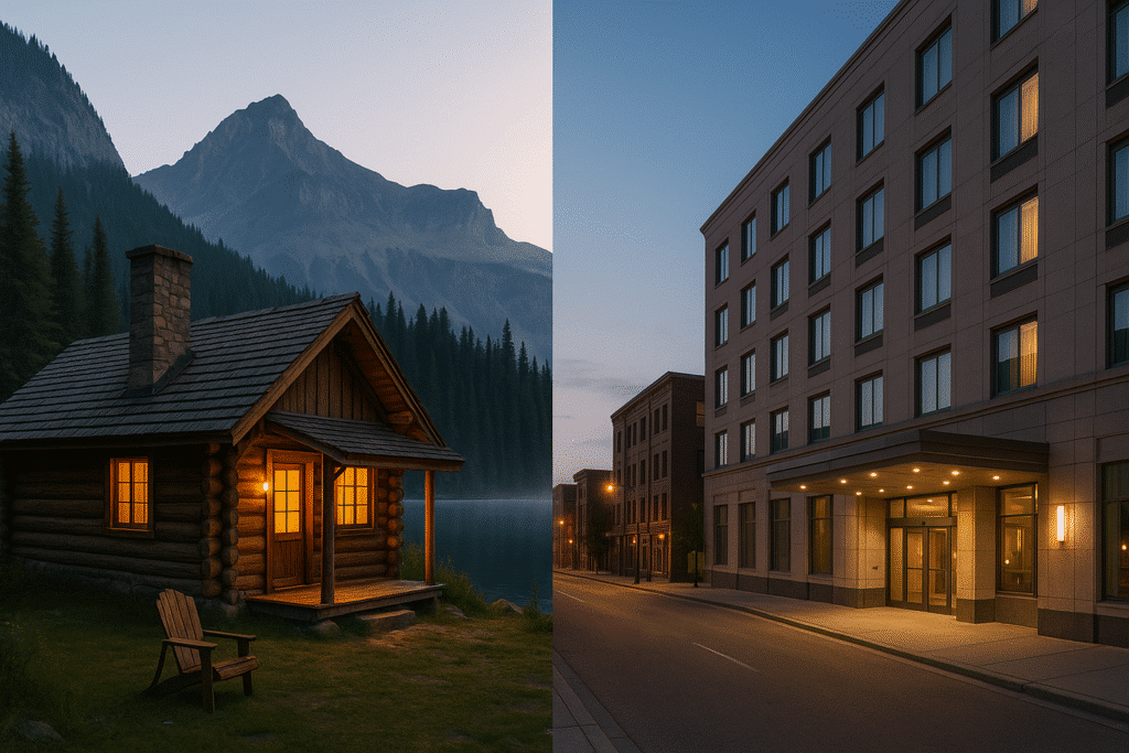 Scenic split view showing a cozy lakeside lodge at sunrise beside a modern city hotel at dawn, illustrating “Why This Actually Matters for Your Next Trip.”