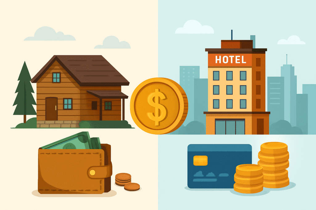 Flat illustration showing a rustic lodge on the left and a modern hotel on the right, with money symbols in the center, representing “Let’s Talk Money: Lodges vs Hotels on a Budget.”