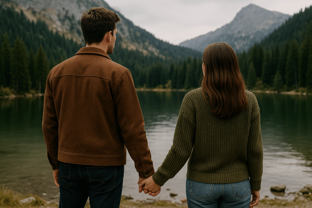 Start With the Why: What’s the Real Reason You’re Escaping? – couple holding hands by a serene alpine lake with mountain backdrop.