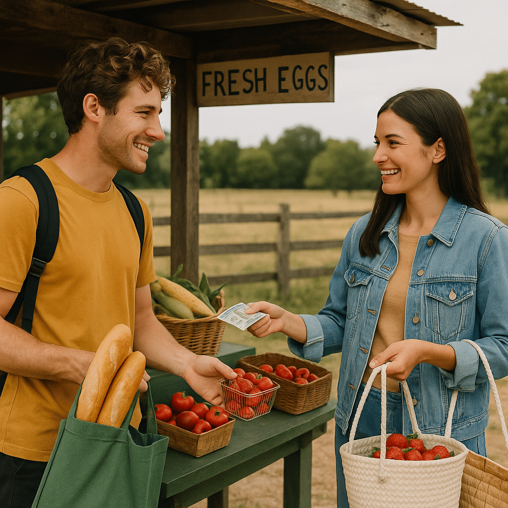 Budget Weekend Getaway Tips That Don’t Feel Cheap – couple shopping for fresh produce at a rustic farm stand.