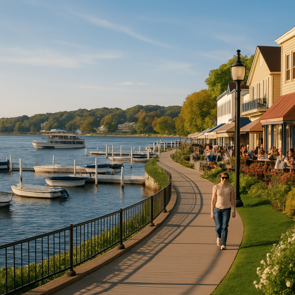 Scenic lakeside view with boats, waterfront dining, and a walking path at Lake Geneva: The Classic That Never Gets Old.