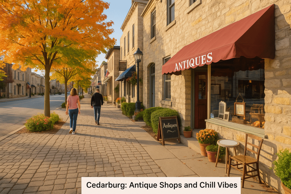 Charming downtown street with antique shops, cobblestone sidewalks, and autumn trees in Cedarburg: Antique Shops and Chill Vibes.