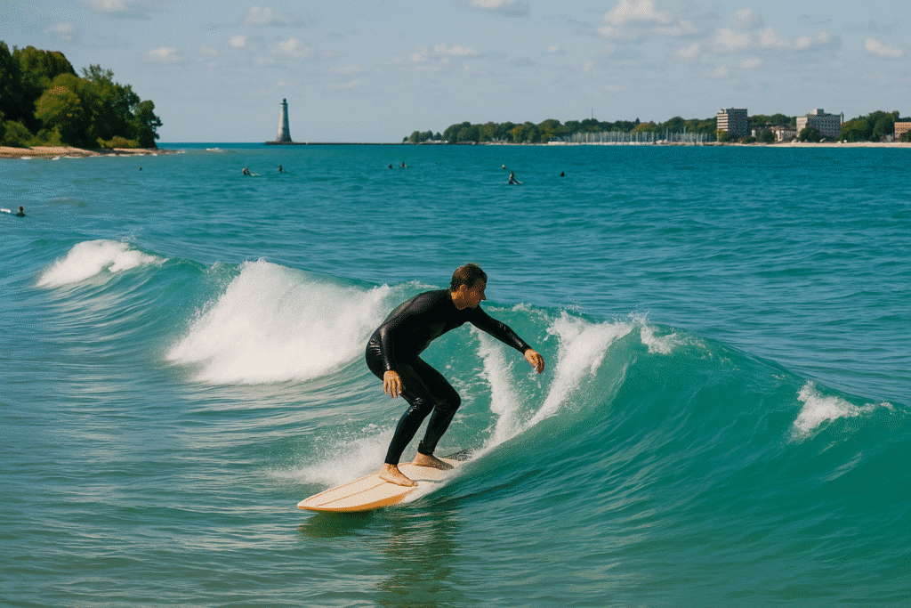 Surfer riding a wave on Lake Michigan with Sheboygan’s shoreline and lighthouse in the background, capturing Sheboygan: Surf Town Vibes on Lake Michigan.