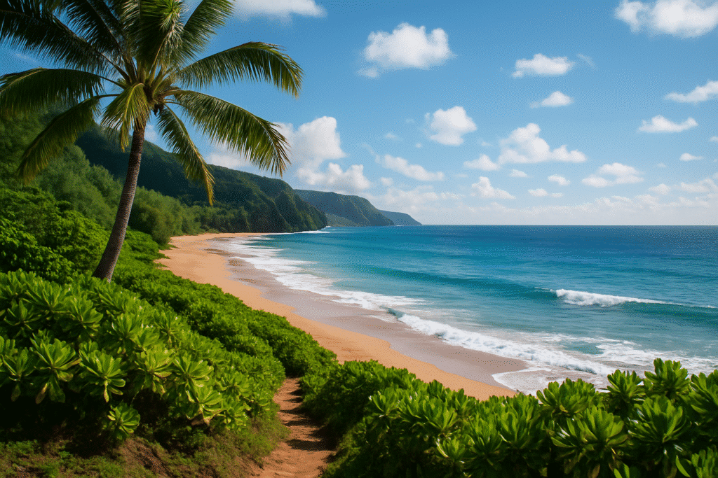 Hawaii off the beaten path with a secluded golden beach, lush green cliffs, and turquoise waters under a bright sky.