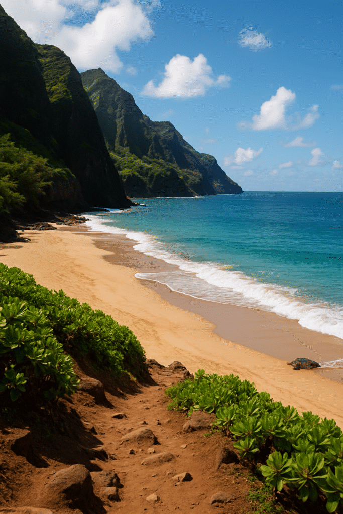 Secret Hawaii Beaches That Locals Keep to Themselves with golden sand, turquoise waters, and lush green cliffs.