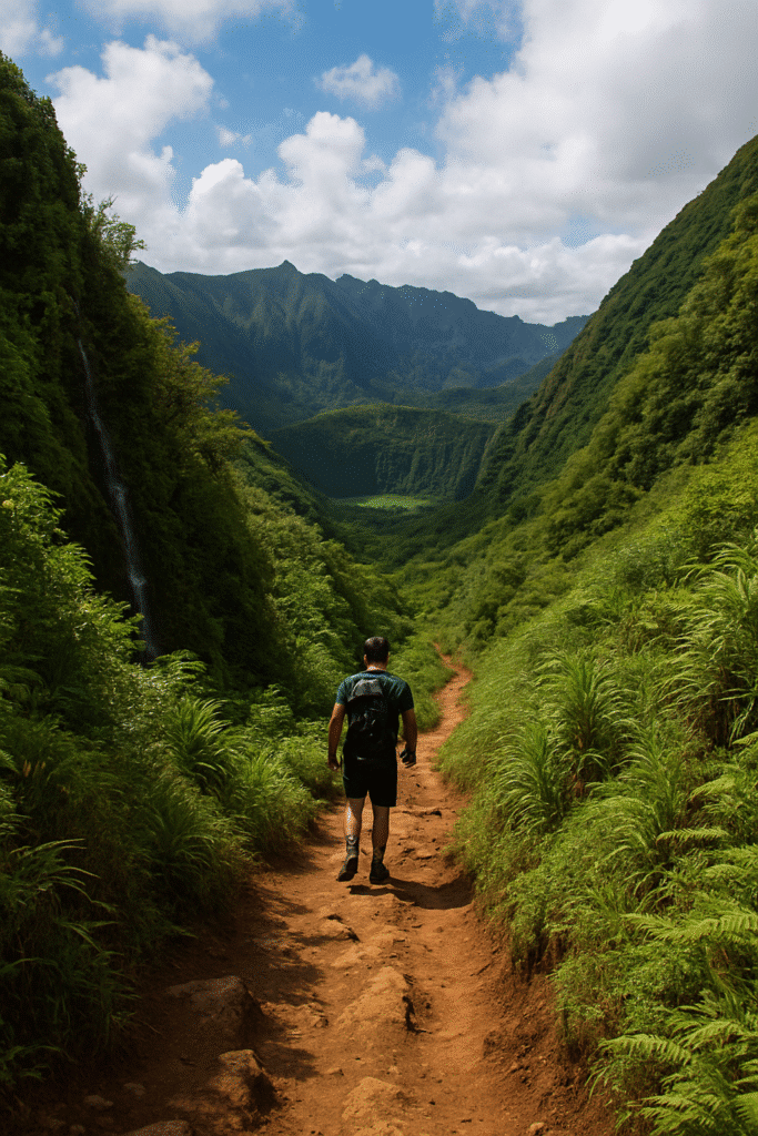 Hawaii Hiking Trails with Zero Crowds (and Unreal Views) featuring a lone hiker on a lush mountain path with waterfalls and crater views.