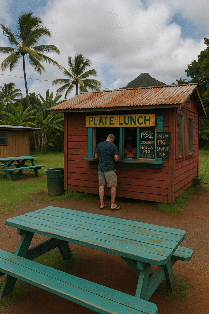 Local Food Joints You Won’t Find on Yelp’s Top 10 featuring a rustic Hawaiian plate lunch stand surrounded by palm trees and mountains.
