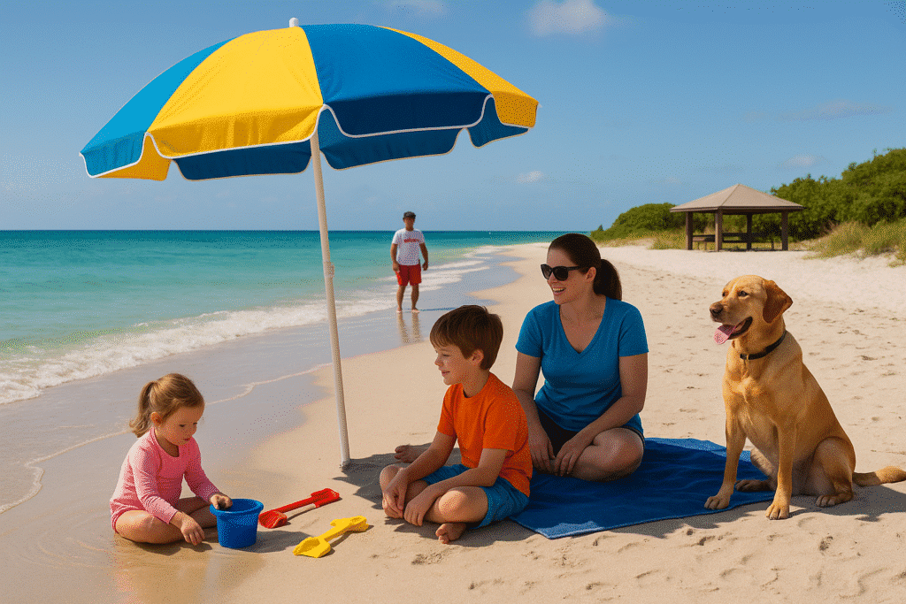 Family relaxing under an umbrella with kids playing in the sand and a dog nearby, showing What Makes a Beach Family-Friendly.