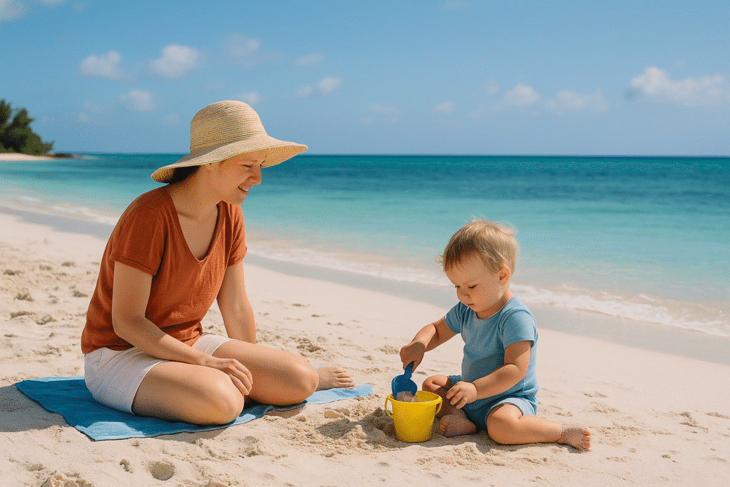 Mother and toddler playing by the shore on a calm sunny beach, showing Toddler-Friendly Beaches in Florida.