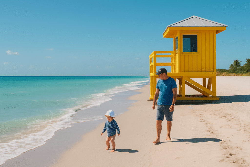 Father and toddler walking near the shoreline with a lifeguard tower in view, showing Florida Beaches for Young Children: Safety First.