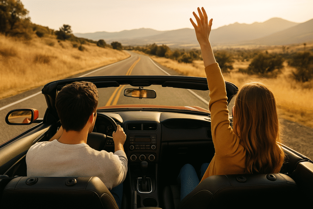 Couple enjoying romantic road trips in the USA while driving a convertible through scenic countryside at sunset.