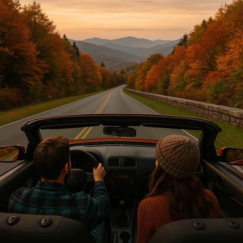 Blue Ridge Parkway – The Cozy Mountain Escape with a couple driving through autumn foliage and mountain views at sunset.